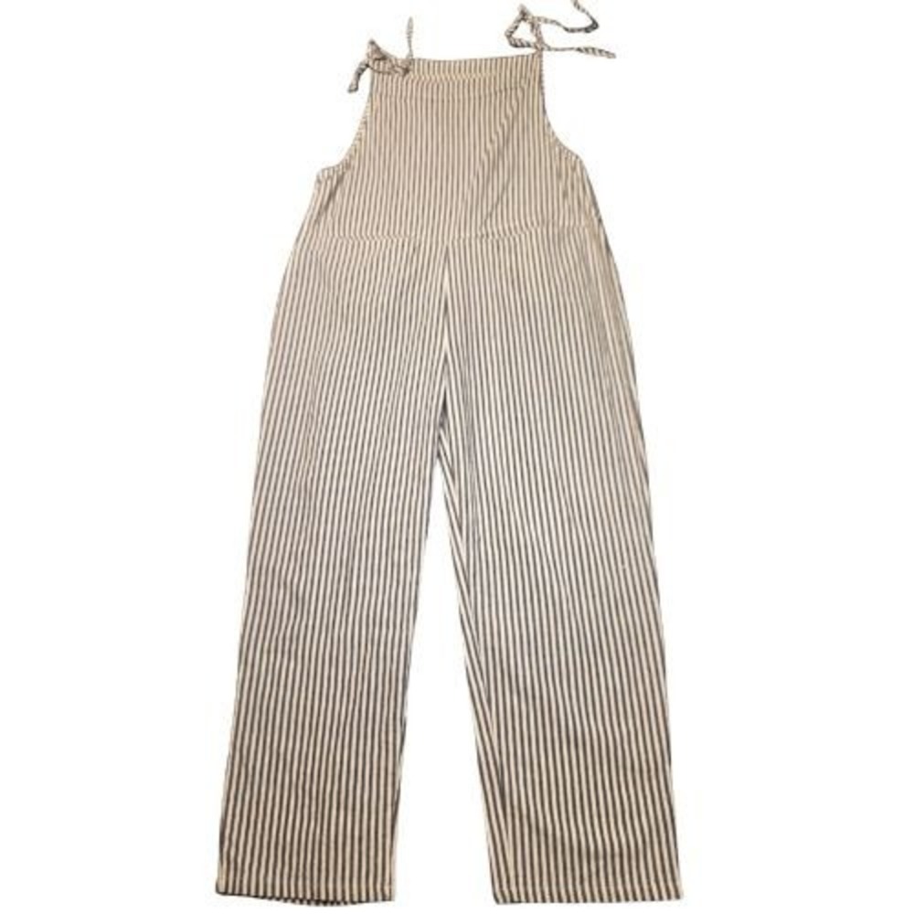 Madepants Womens M Striped Overalls Cotton Linen Coastal Jumpsuit White Black